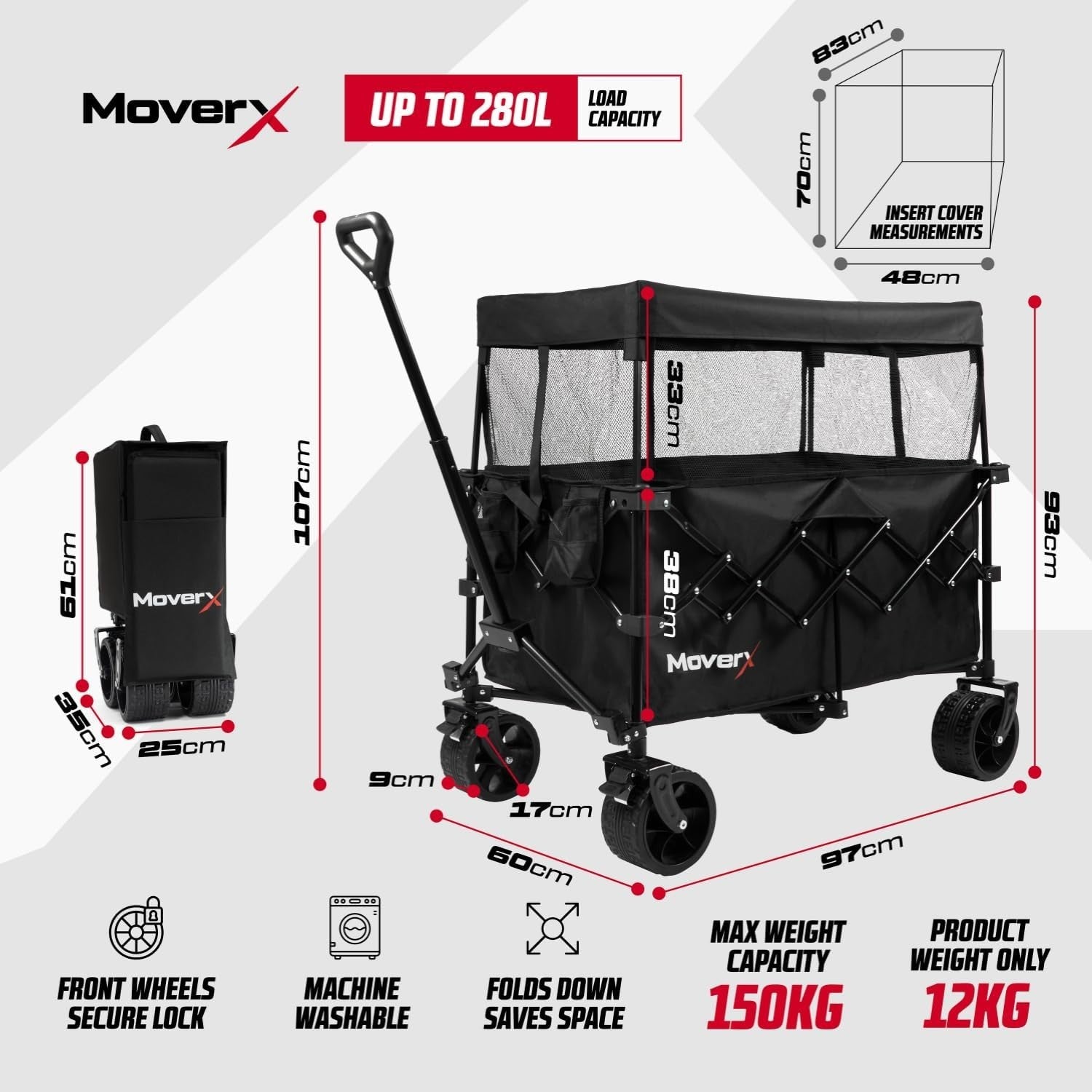 Black 200L Canopy Camping Wagon Folding Festival Trolley Wide Wheel Adjustable