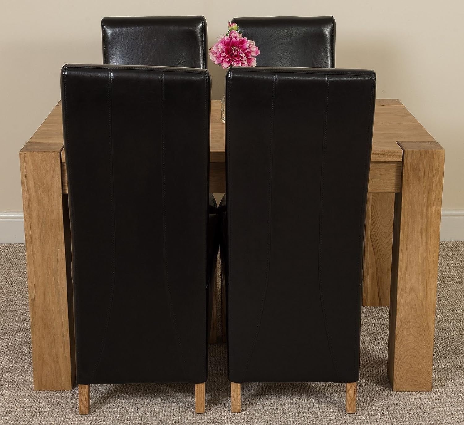 Solid Oak Dining Table Set 4 Black Leather Chairs – 125x80cm Compact
