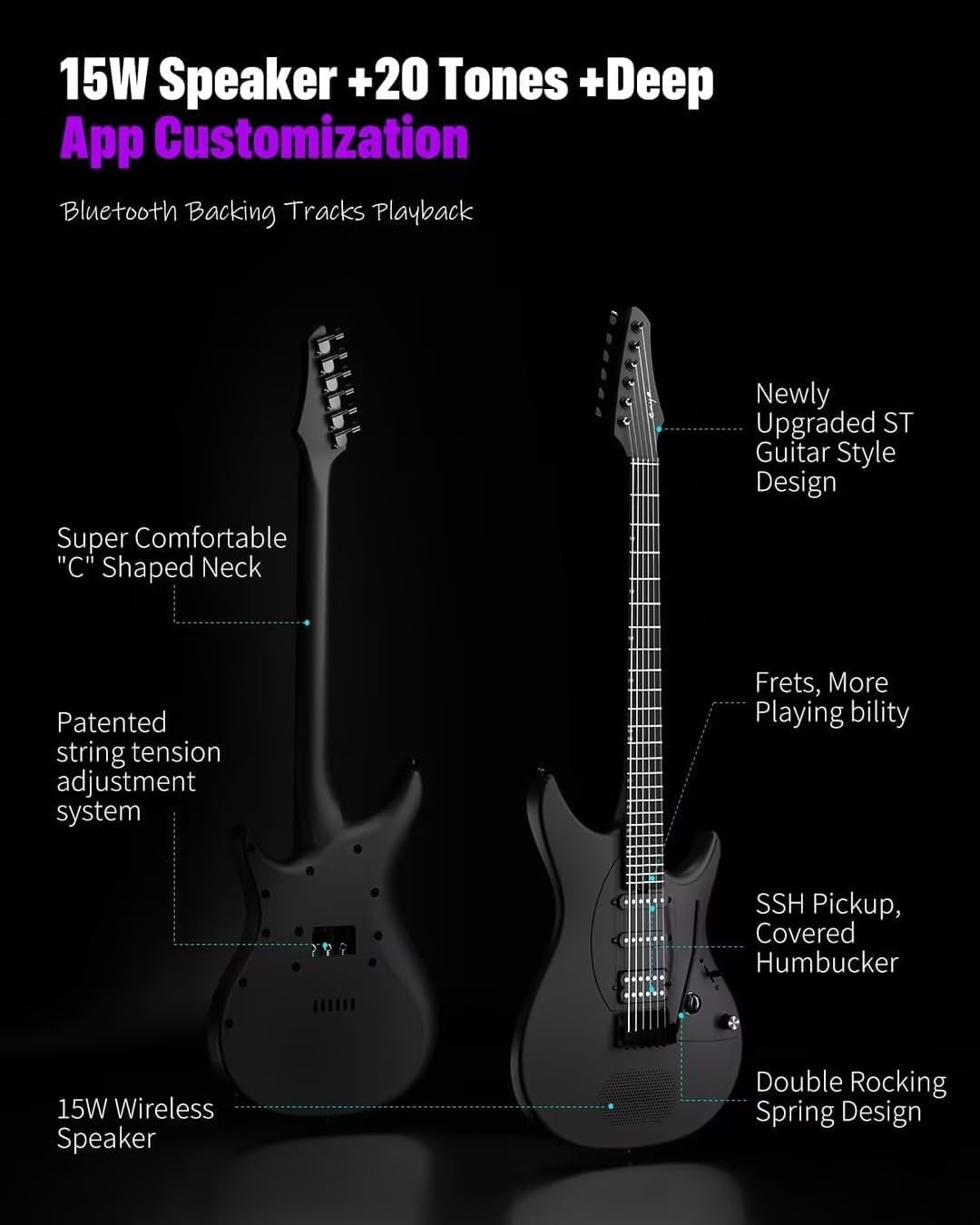 39" Smart Electric Guitar Carbon Fiber Built-In Speaker Bluetooth