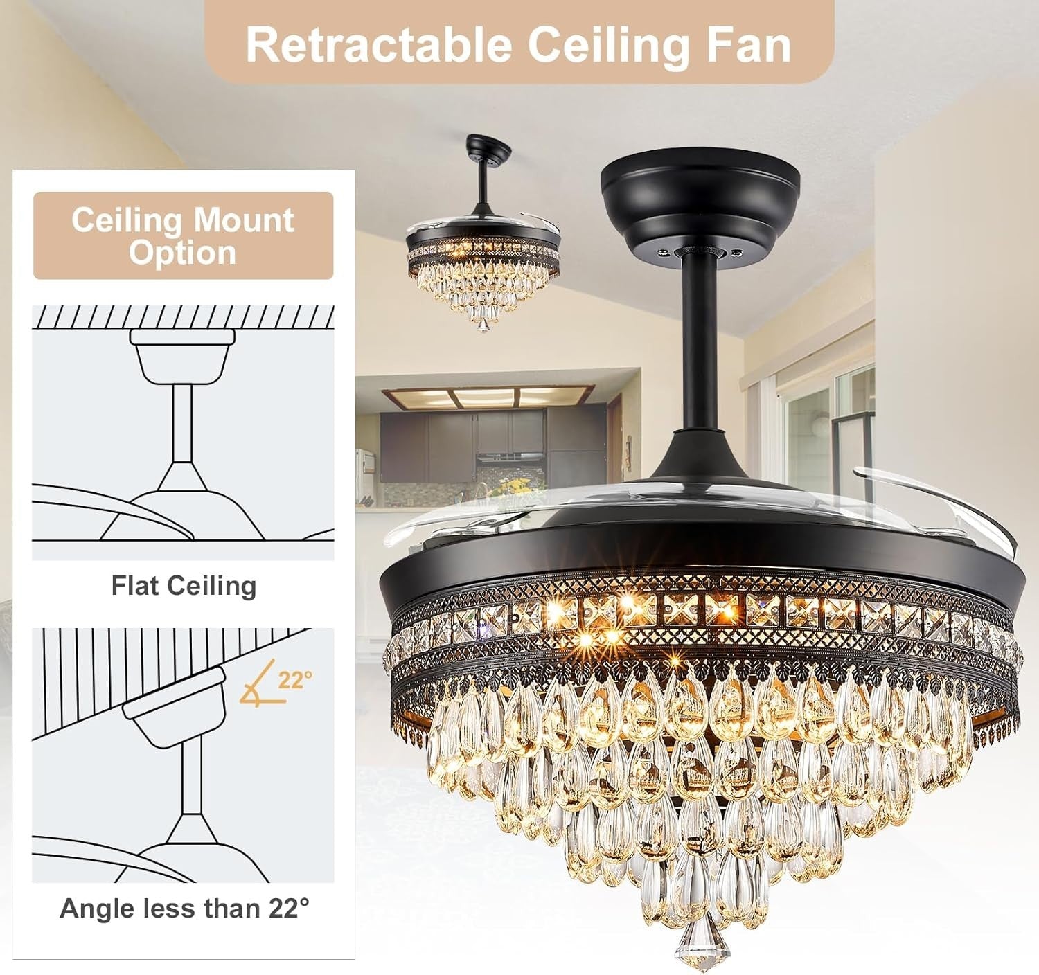48" Chandelier Ceiling Fan with Light, Black, Retractable, LED, Remote