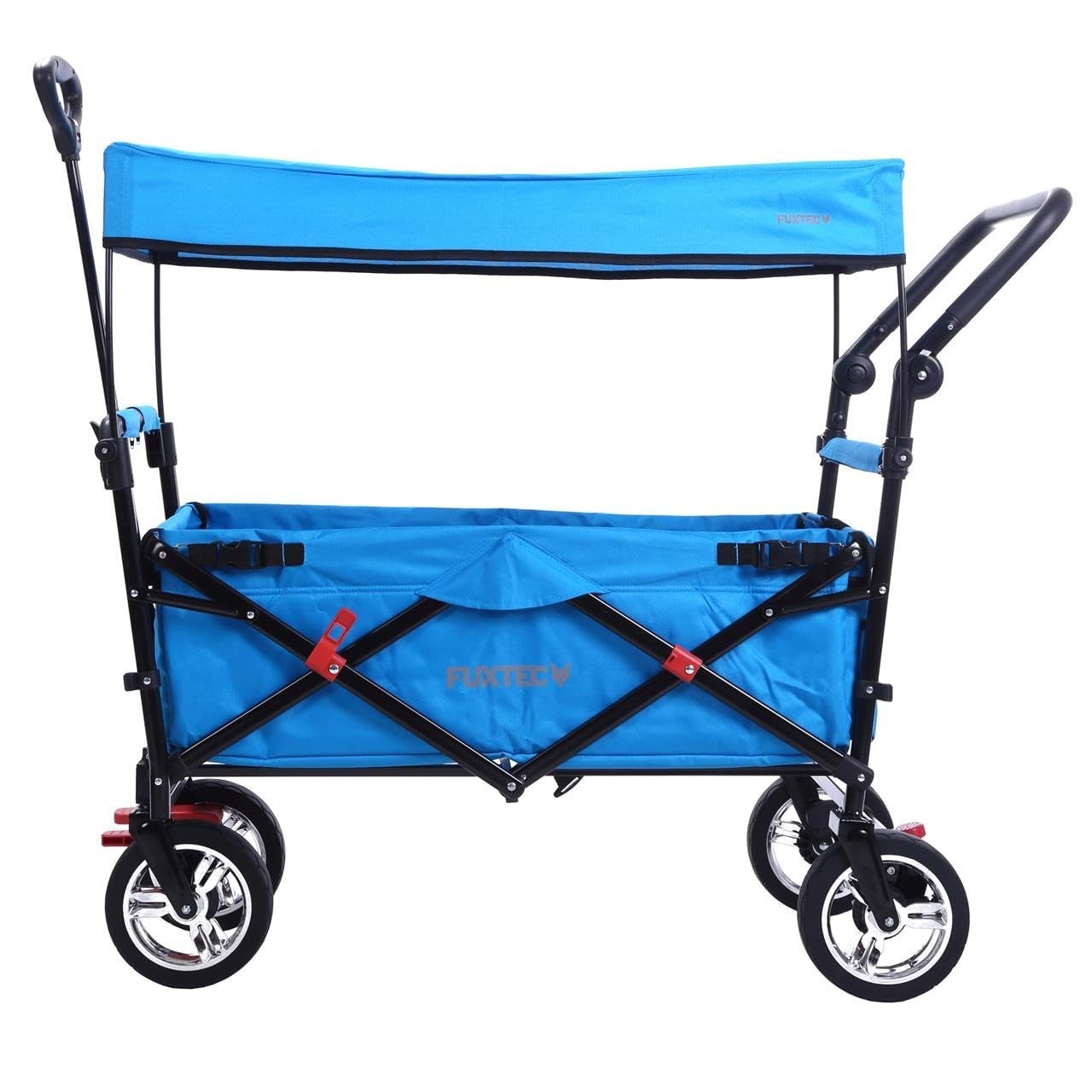 Blue Folding Kids Wagon Canopy Push Pull Outdoor Cart w/ Brakes & Rubber Wheels