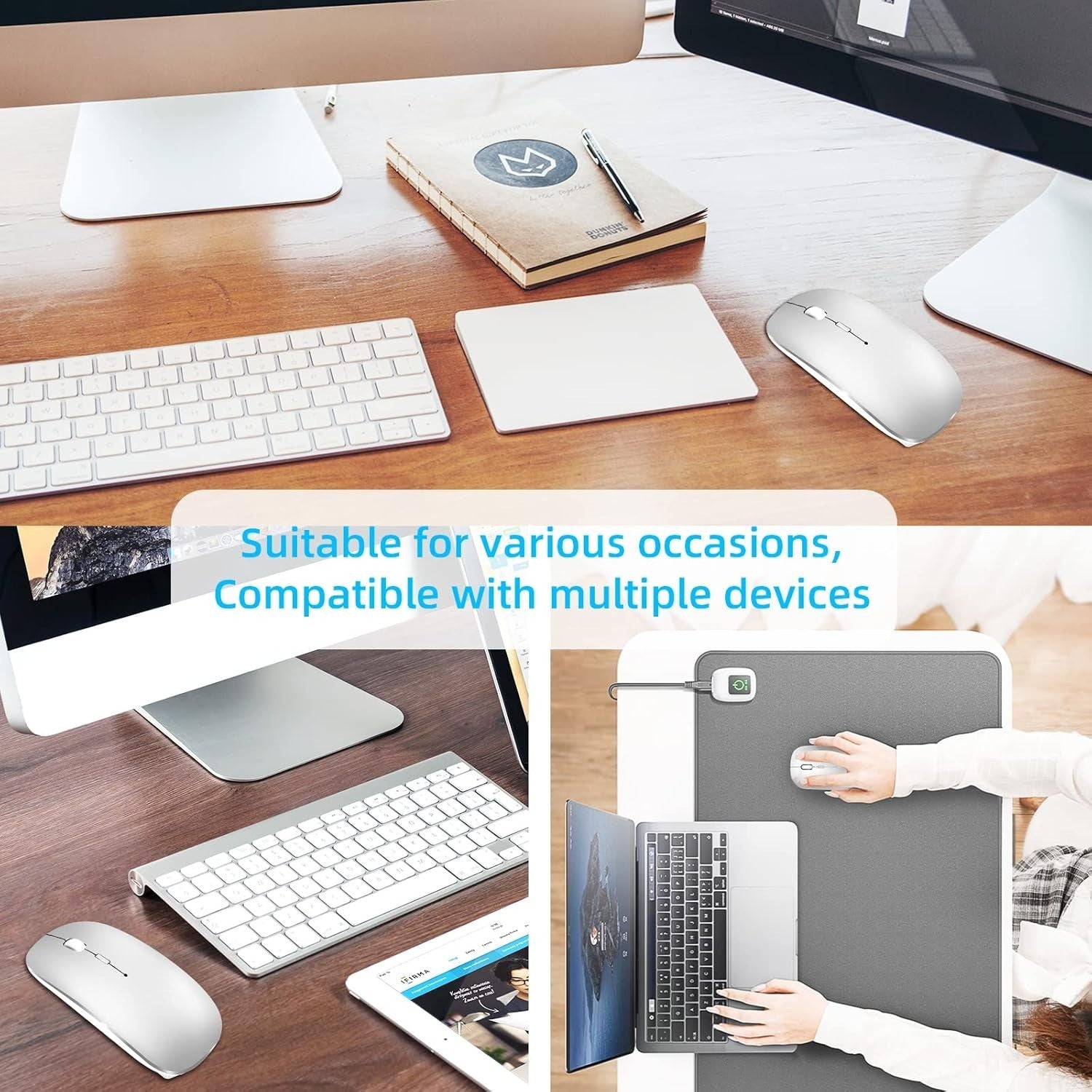 Wireless Bluetooth Mouse Rechargeable Slim Silent Click USB Portable Silver