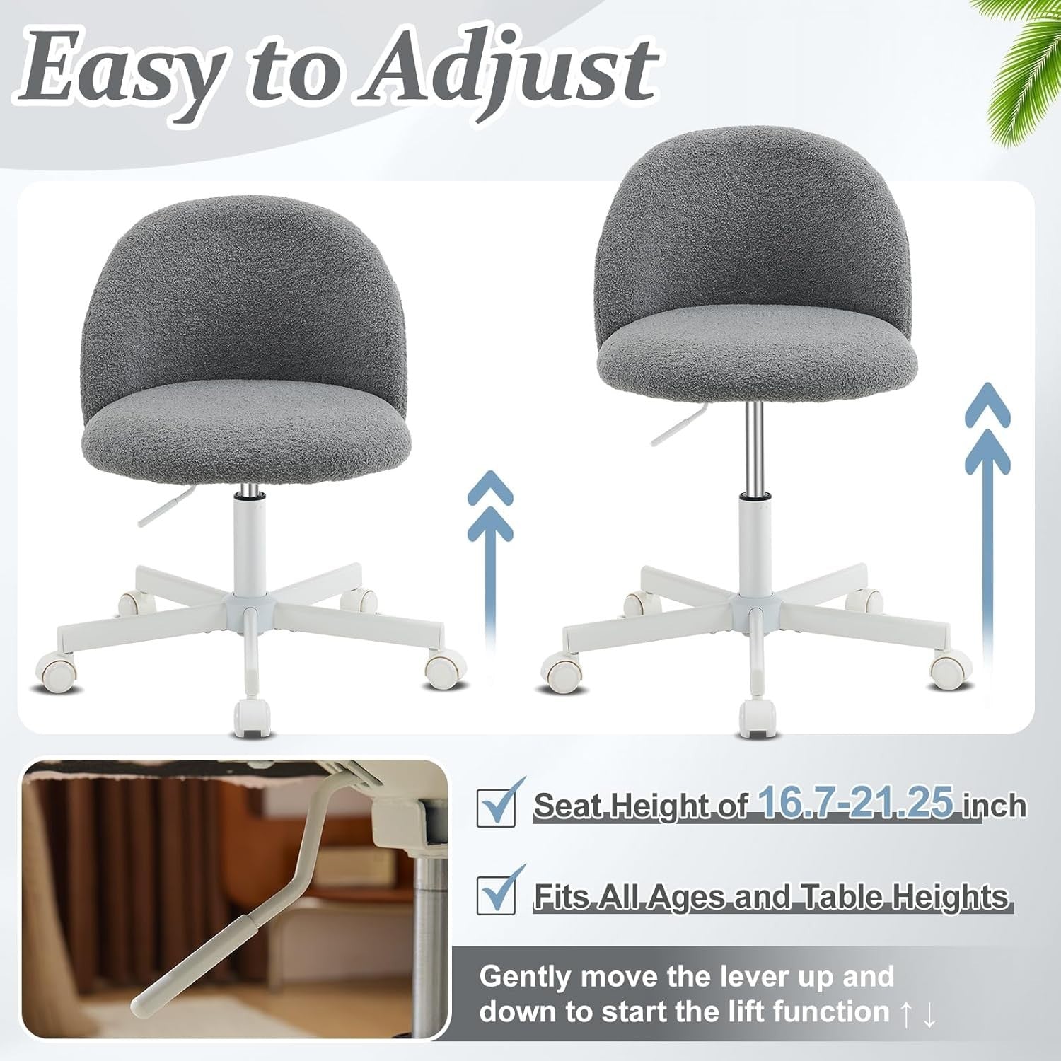 Grey Swivel Desk Chair Small Teddy Fleece Adjustable Height Modern Vanity Seat