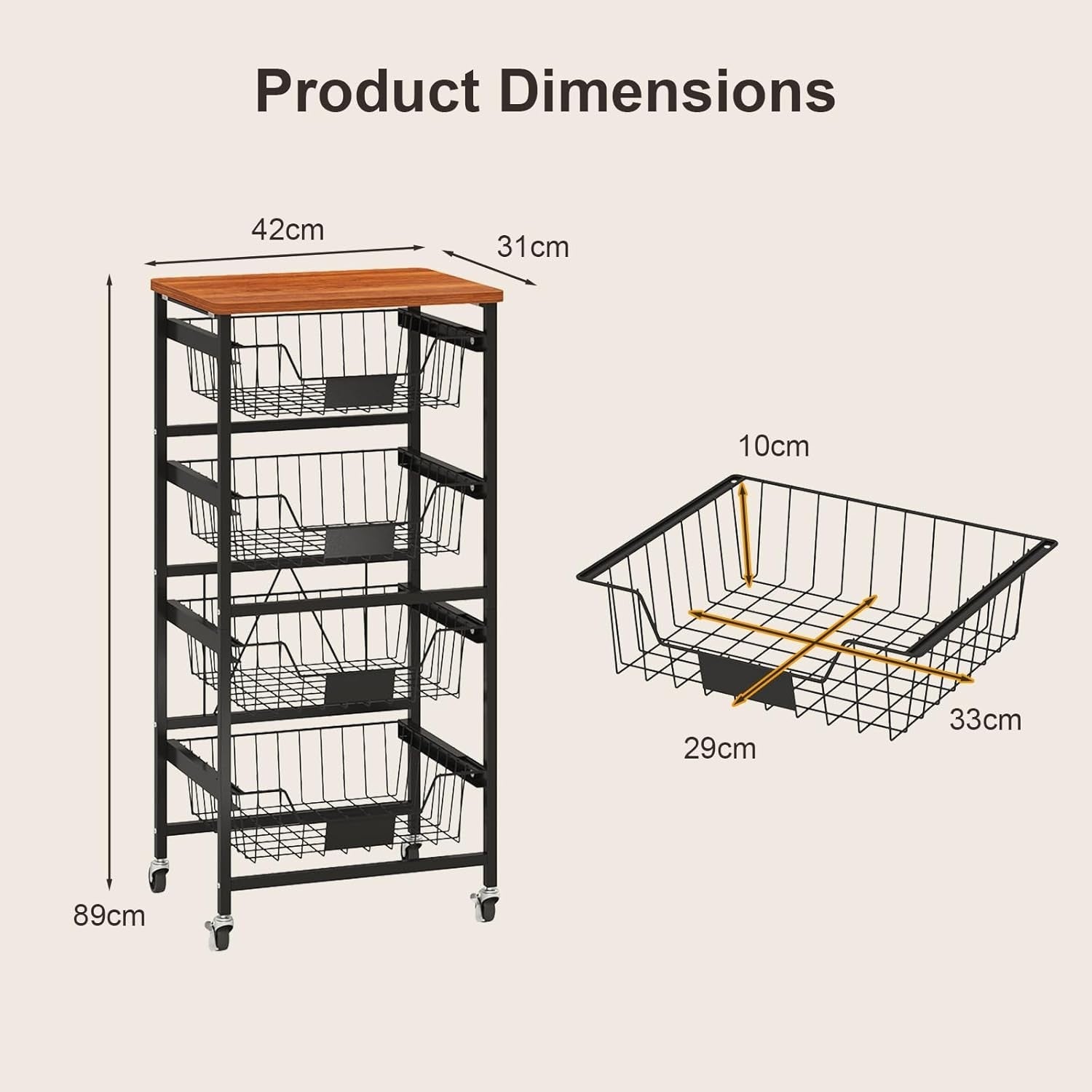 5 Tier Rolling Storage Cart Utility Trolley Pull Out Baskets Wheels