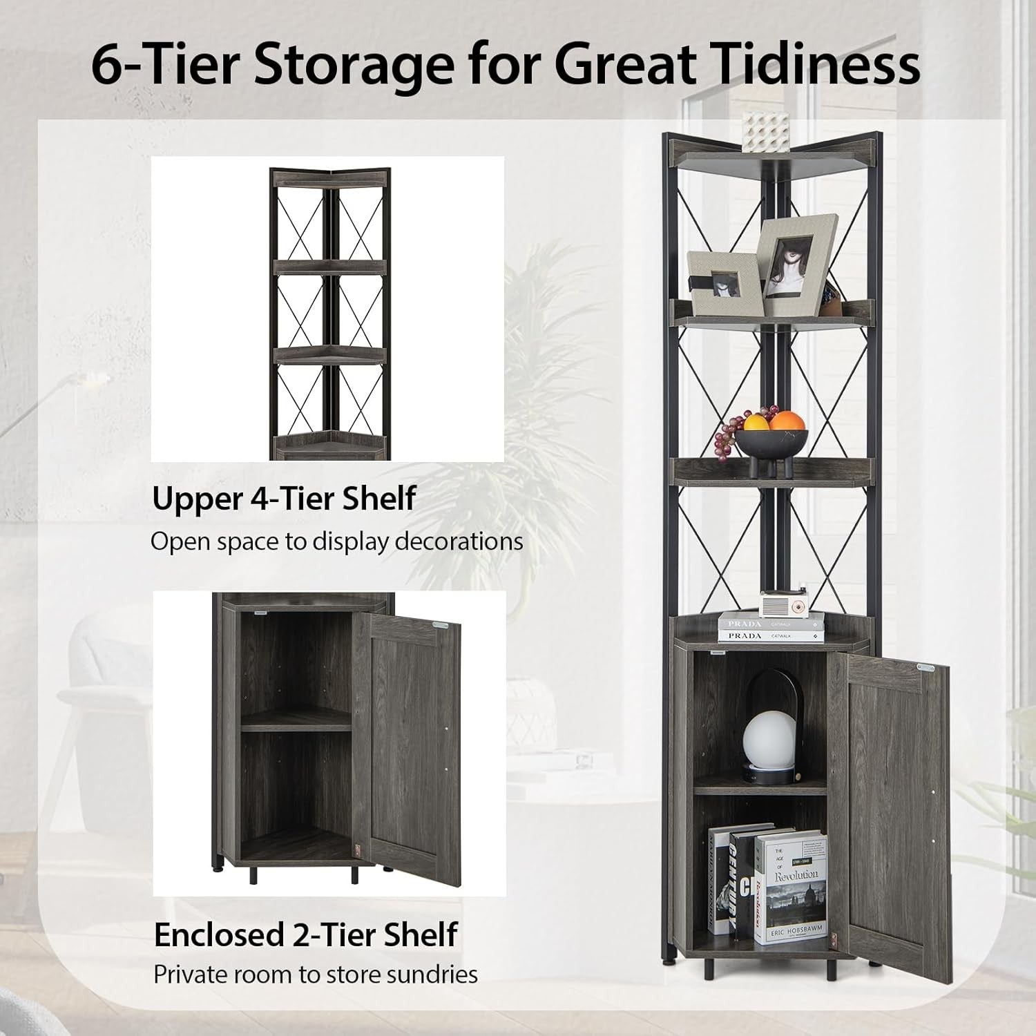 Grey 6-Tier Corner Bookcase Tall Freestanding Storage Shelf with Cabinet