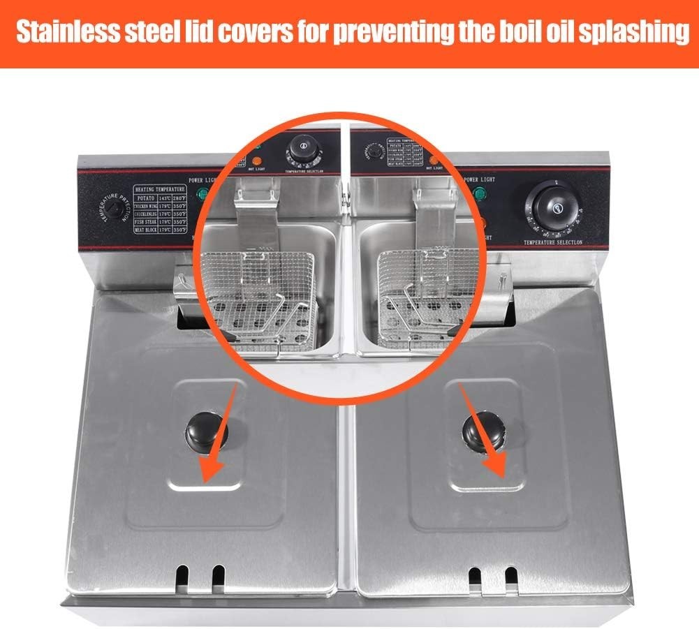 Commercial Double Deep Fat Fryer 12L 3000W Stainless Steel Dual Tank