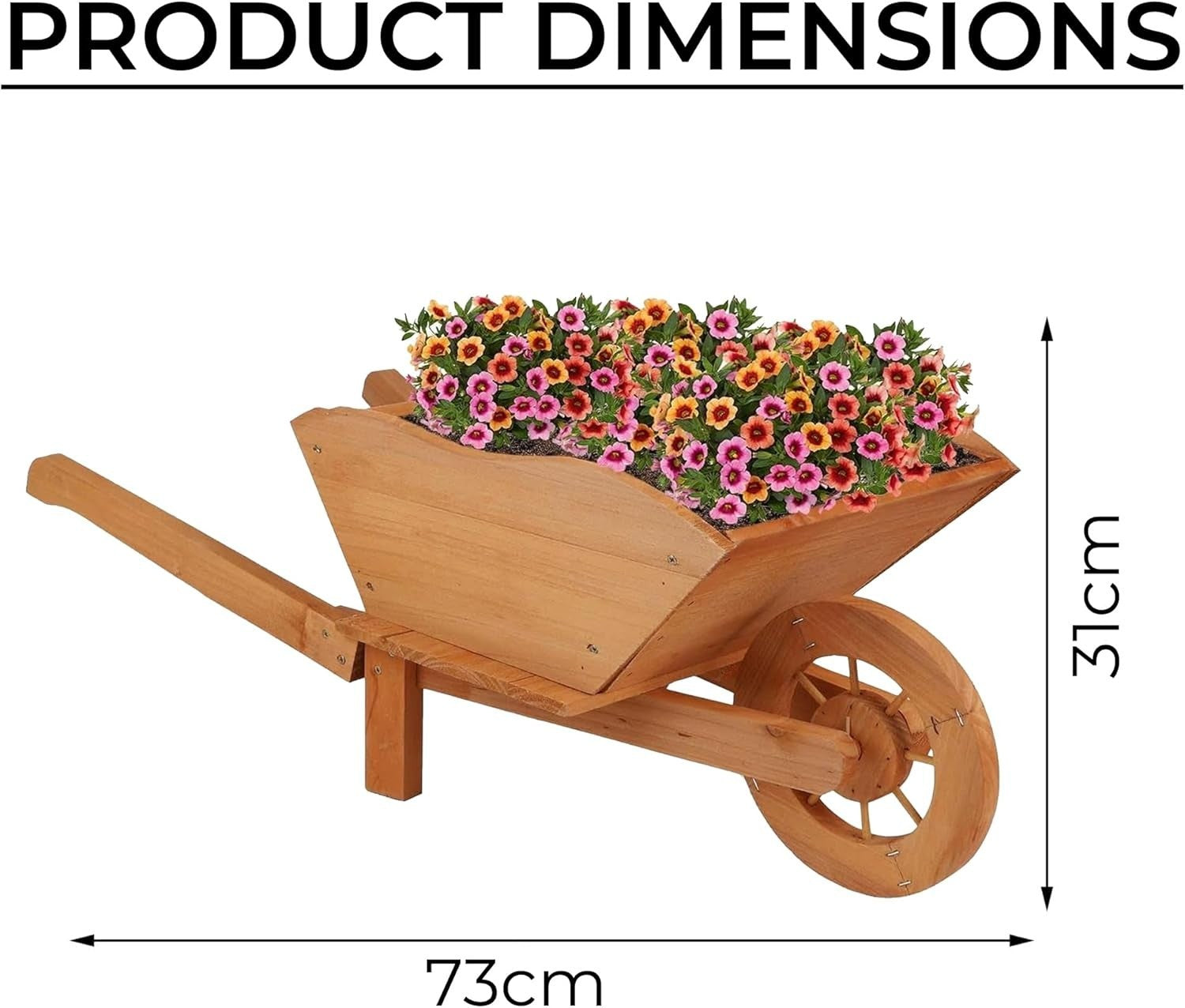 Large Wooden Garden Wheelbarrow Planter – Rustic Brown Design w/ Handles & Wheel