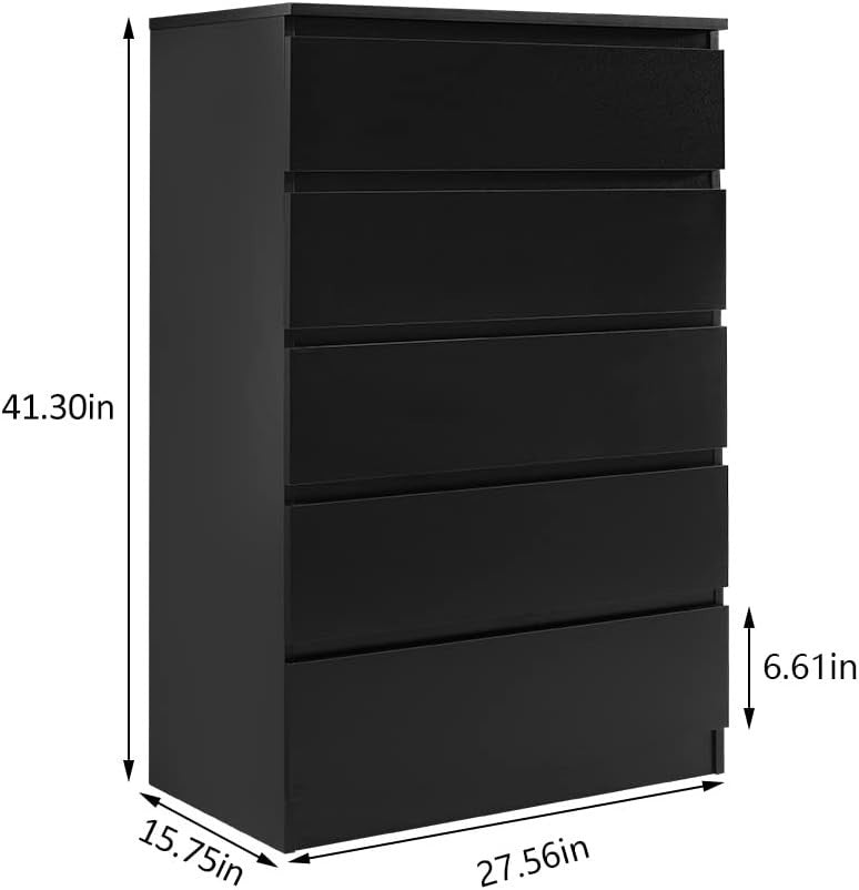 Modern 5-Drawer Black Chest Storage Cabinet | Bedroom & Living Room Unit