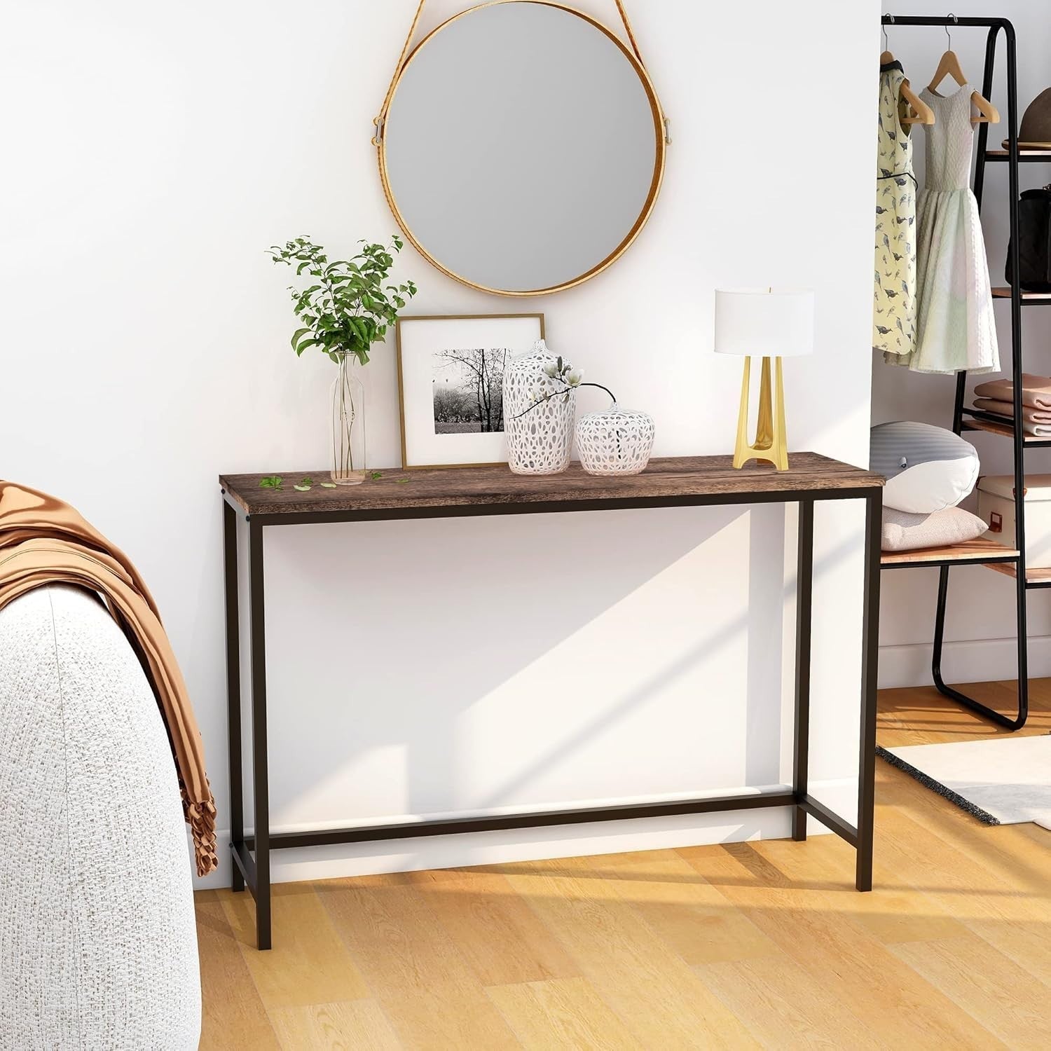 Narrow Console Table for Hallway Entryway Sofa – Rustic Wood & Metal