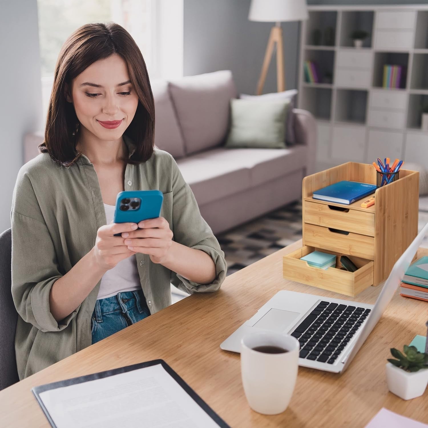 Bamboo Desk Organiser with 3 Drawers & Adjustable Compartments – Office Storage