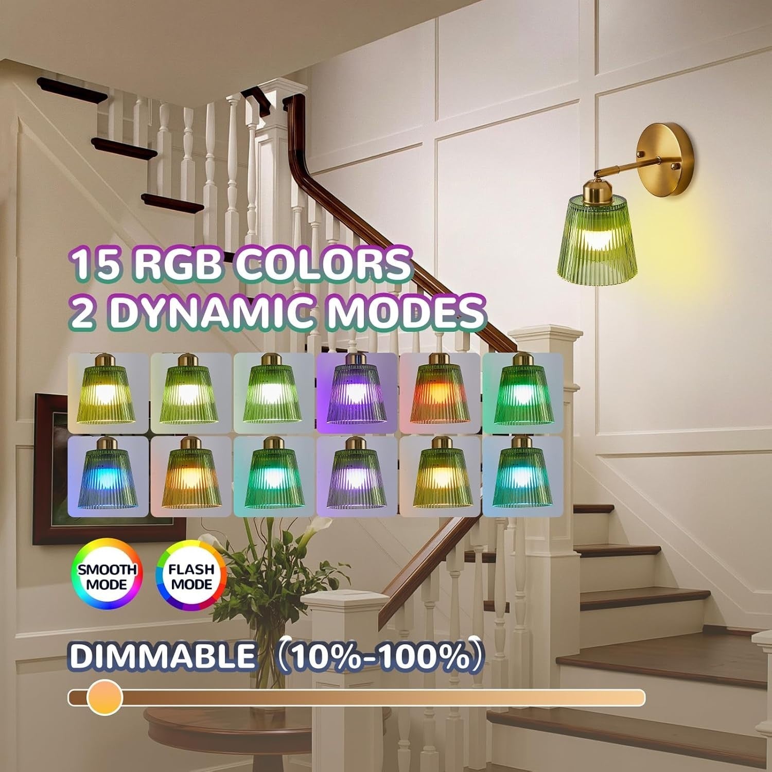 Rechargeable Green Glass Wall Sconce, Wireless LED, Remote Control