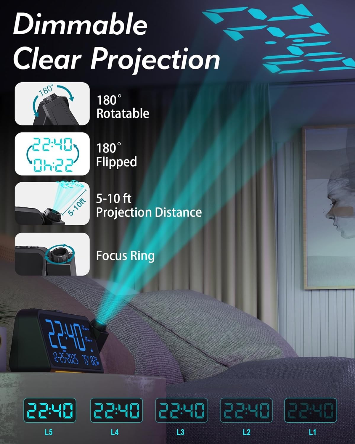 Projection Alarm Clock Blue LED Digits Temperature USB Charging Bedside