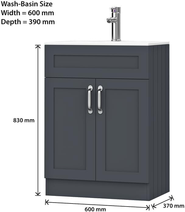 600mm Grey Bathroom Vanity Unit with Basin Storage Cupboard Floor Standing Sink