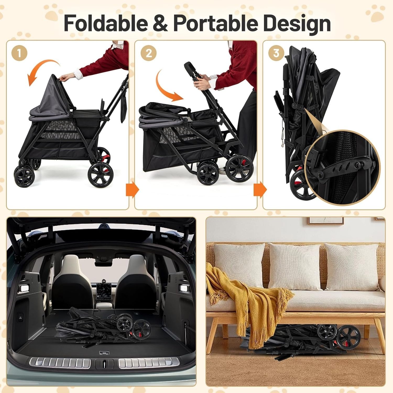 Foldable Dog Stroller Pet Pushchair Ramp Entry 4 Wheel Travel Buggy