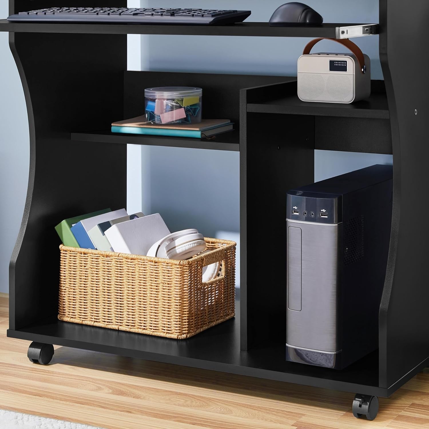 Compact Computer Desk on Wheels with Keyboard Tray Storage Shelves Small Office