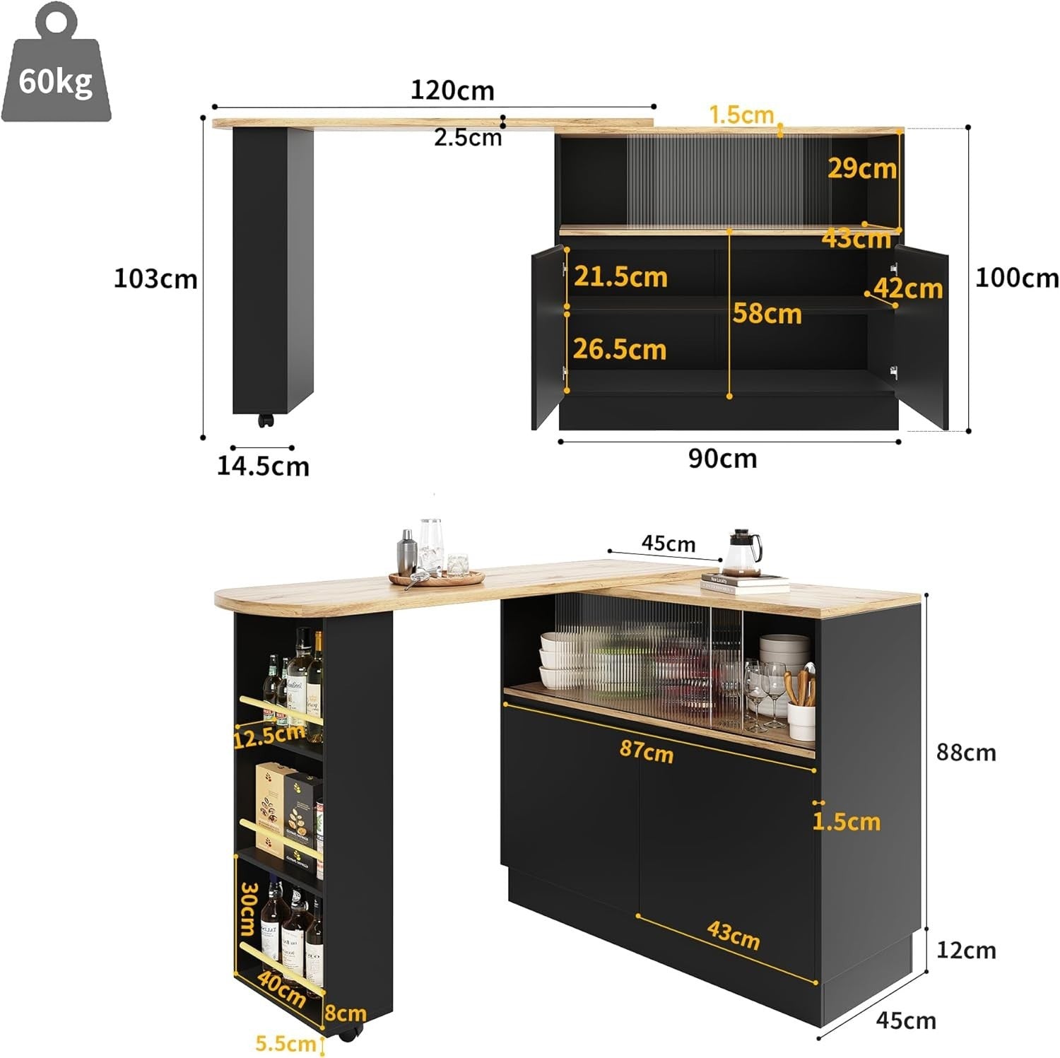 360° Rotating Extendable Kitchen Island Table with Glass Doors & Storage
