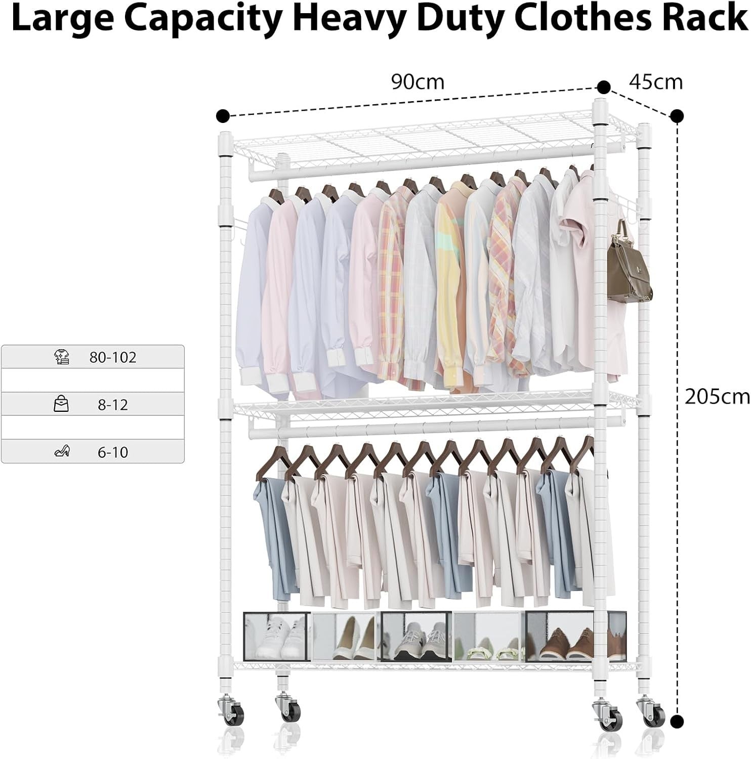 Heavy Duty Double Rod Clothes Rail 3-Tier with Wheels – White 205cm