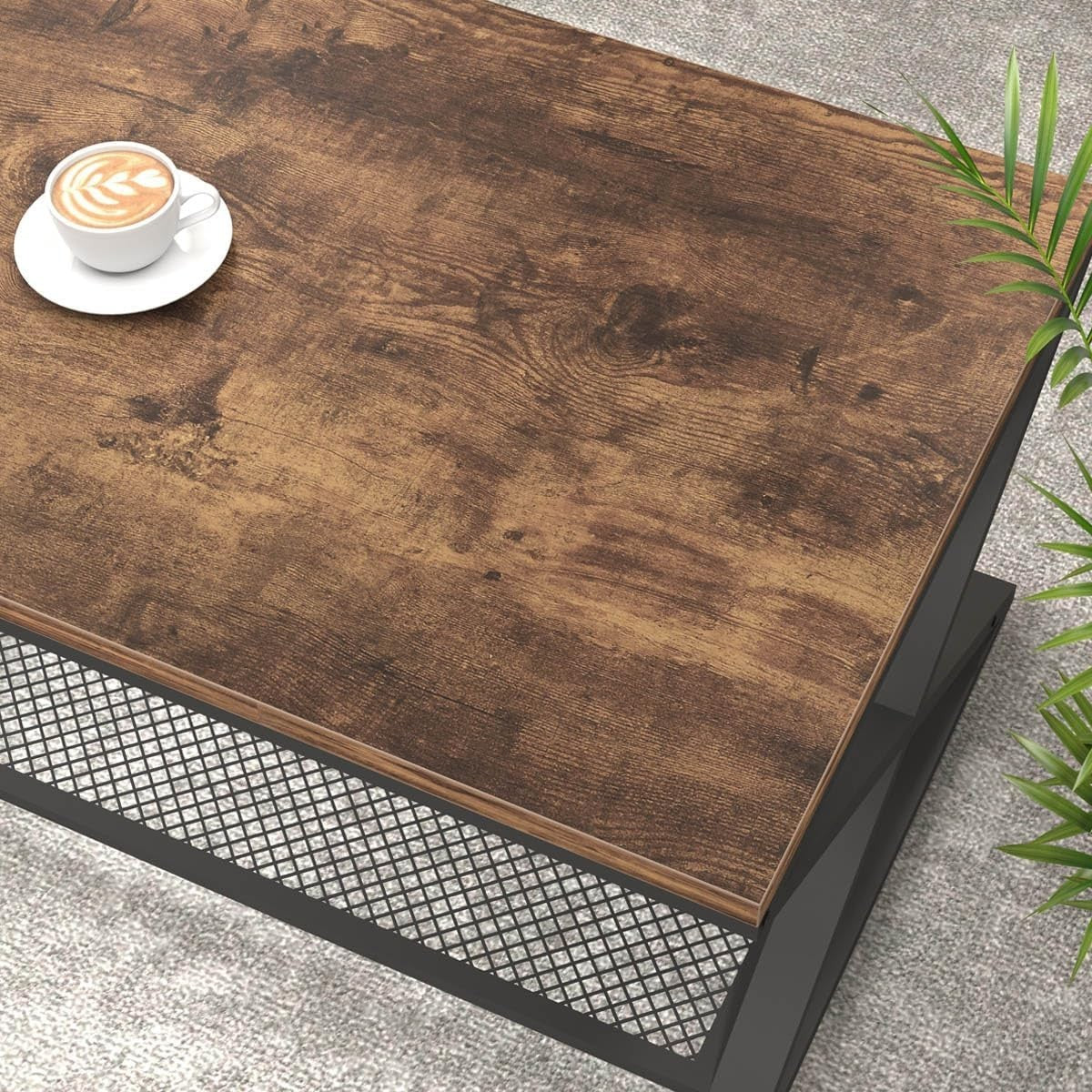Rustic 2 Tier Coffee Table with Storage Shelf, Industrial Wood Metal Living Room