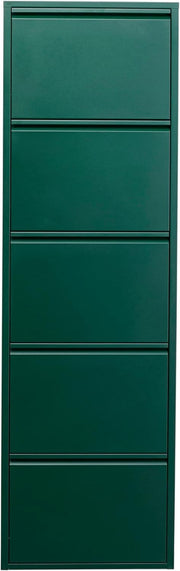 Slim 5-Drawer Shoe Cabinet Green – Space-Saving Metal Tilt Rack 170x50x15cm