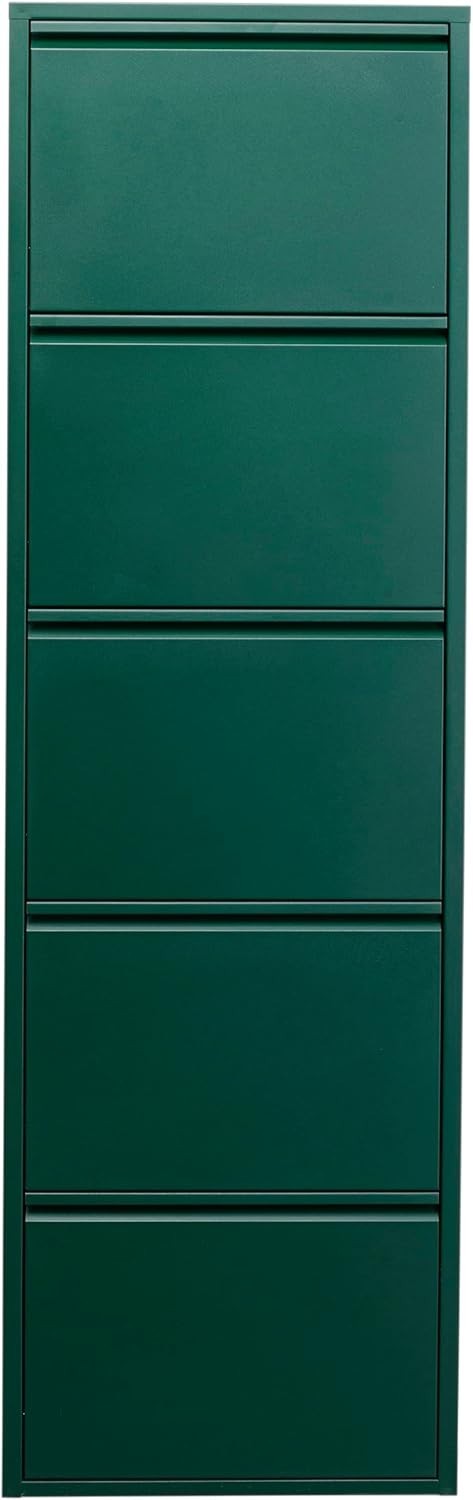 Slim 5-Drawer Shoe Cabinet Green – Space-Saving Metal Tilt Rack 170x50x15cm