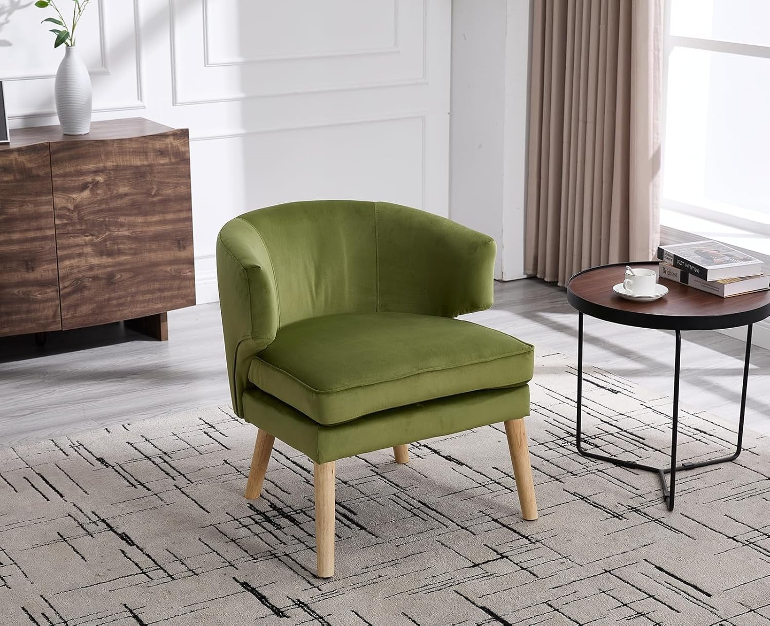 Green Velvet Accent Chair Tub Seat Armchair with Solid Wood Legs, Cozy Lounge