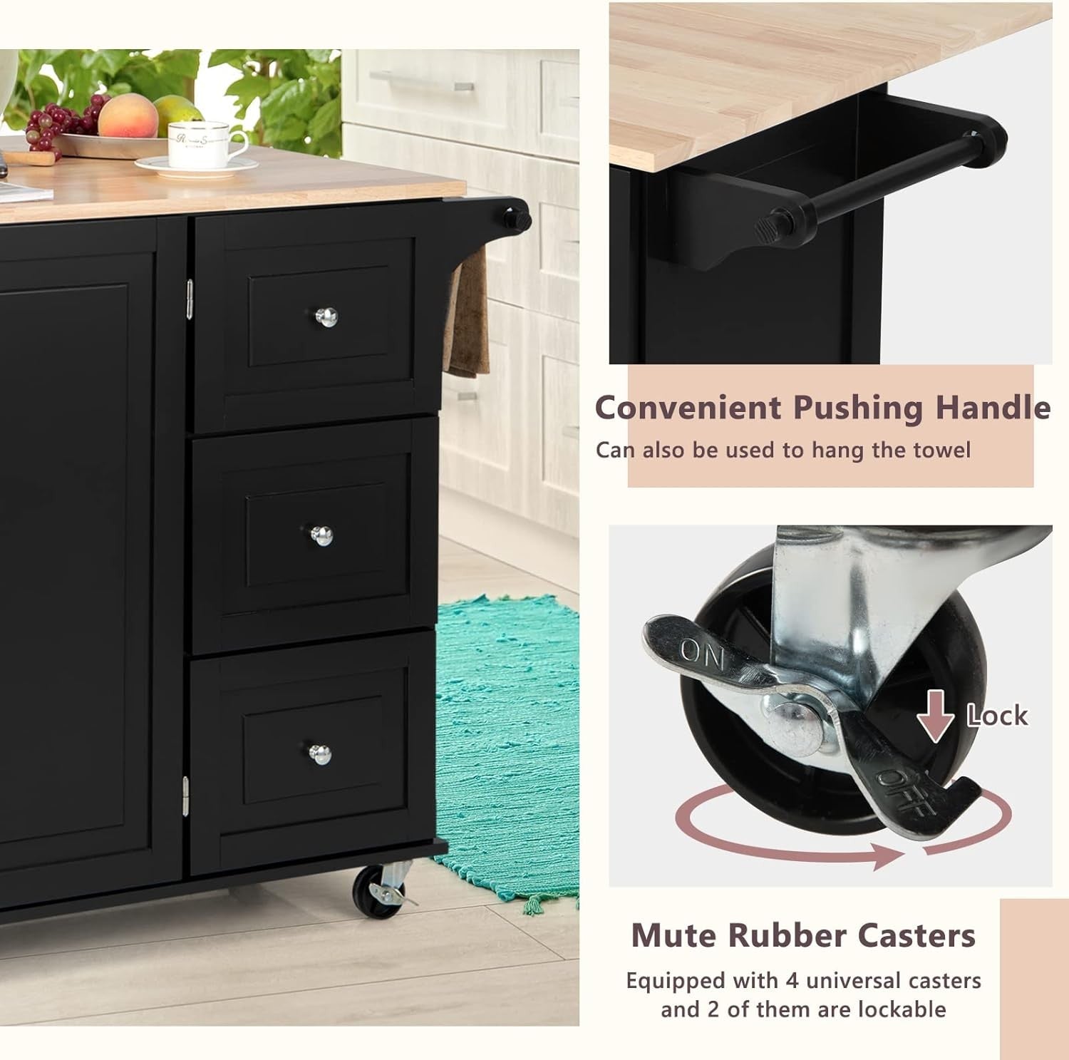 Large Kitchen Island Trolley Extendable Wood Storage Drawers Wheels