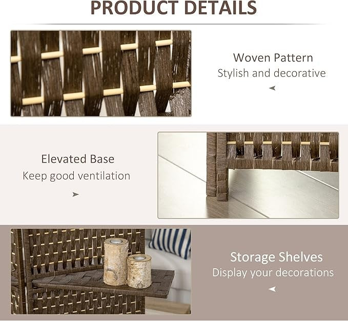 4 Panel Folding Room Divider with Shelves – Brown Woven Privacy Screen