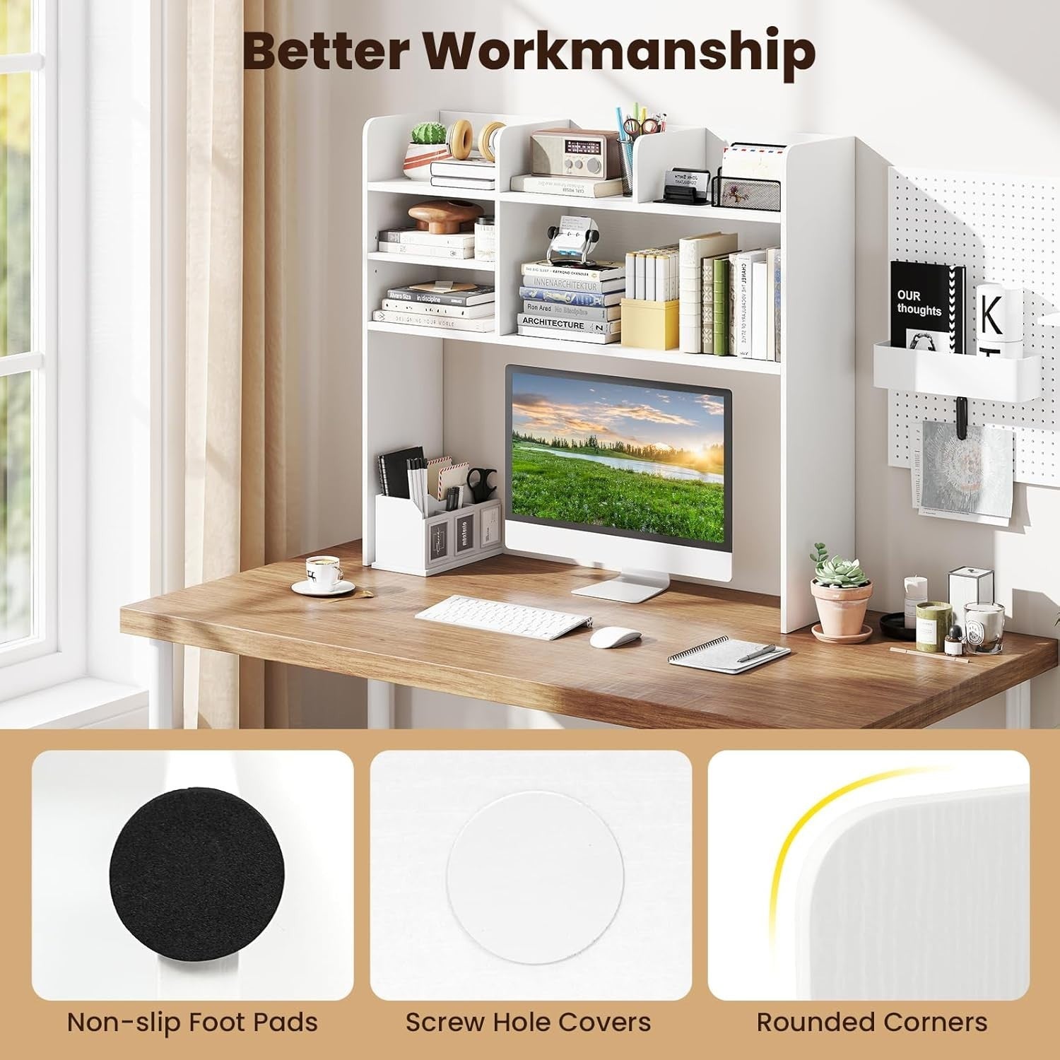 94cm White Desk Hutch – 3-Tier Desktop Bookshelf with Adjustable Shelves