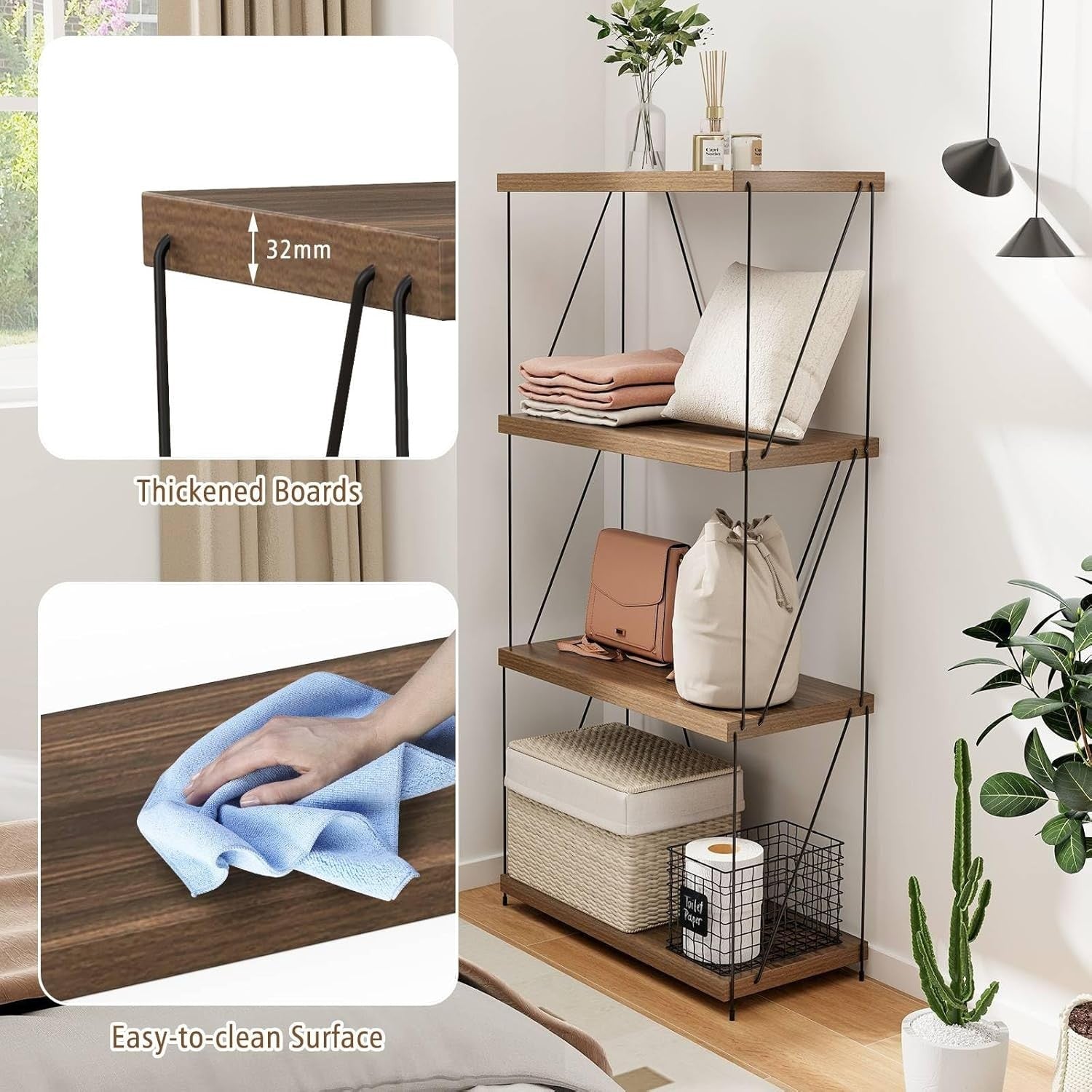 4-Tier Industrial Bookshelf Metal Frame Rustic Wood Storage Display Unit