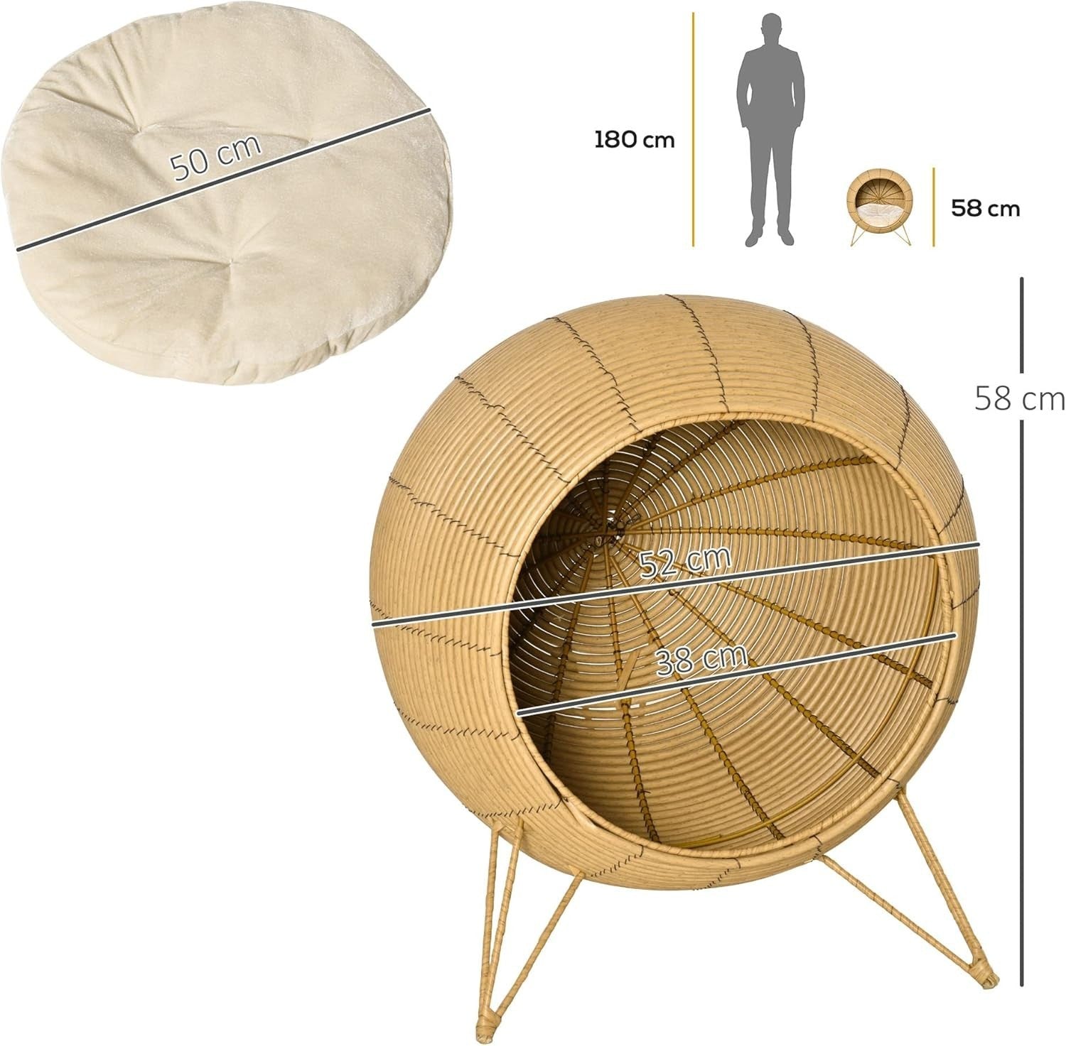 Elevated Wicker Cat Bed Rattan Pet Cave House w Cushion 52cm