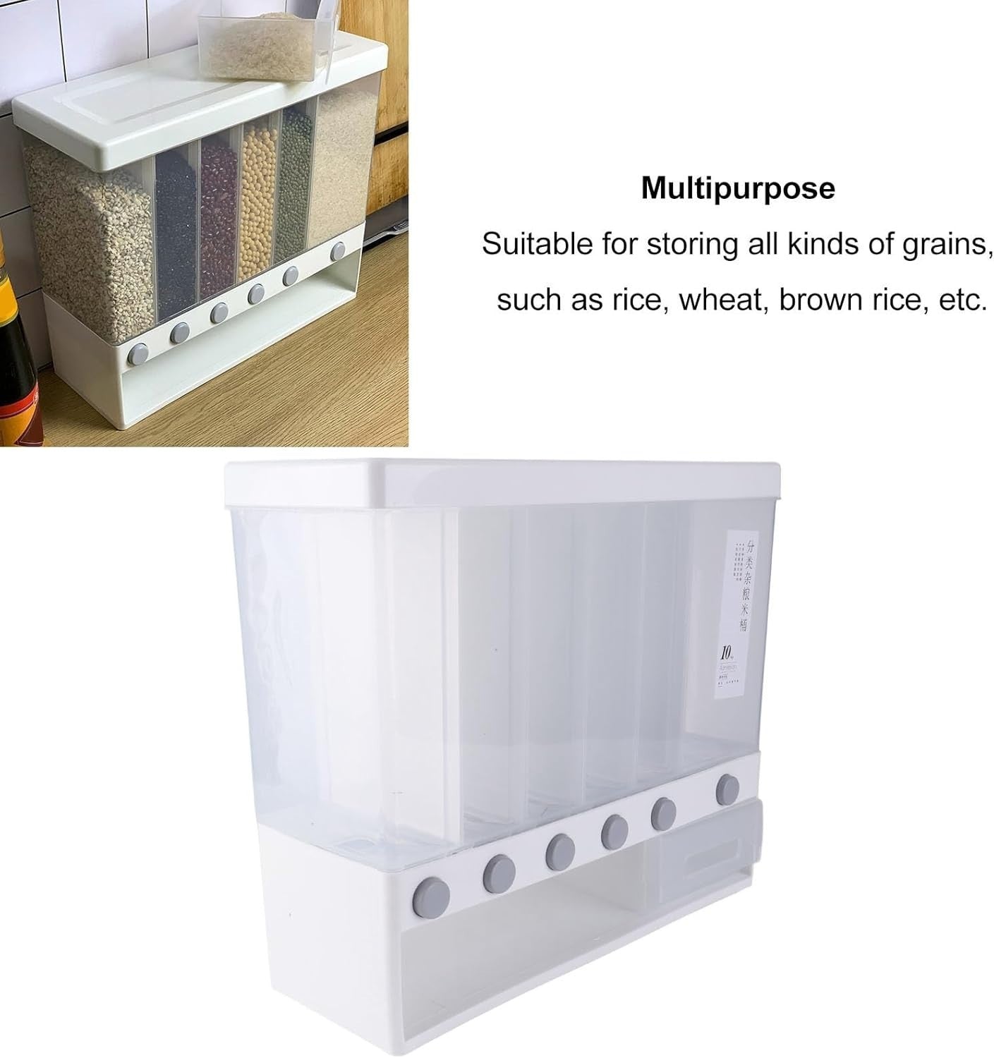 Wall Mounted 6 Grid Dry Food Dispenser 22Lb Rice Grain Storage Bin