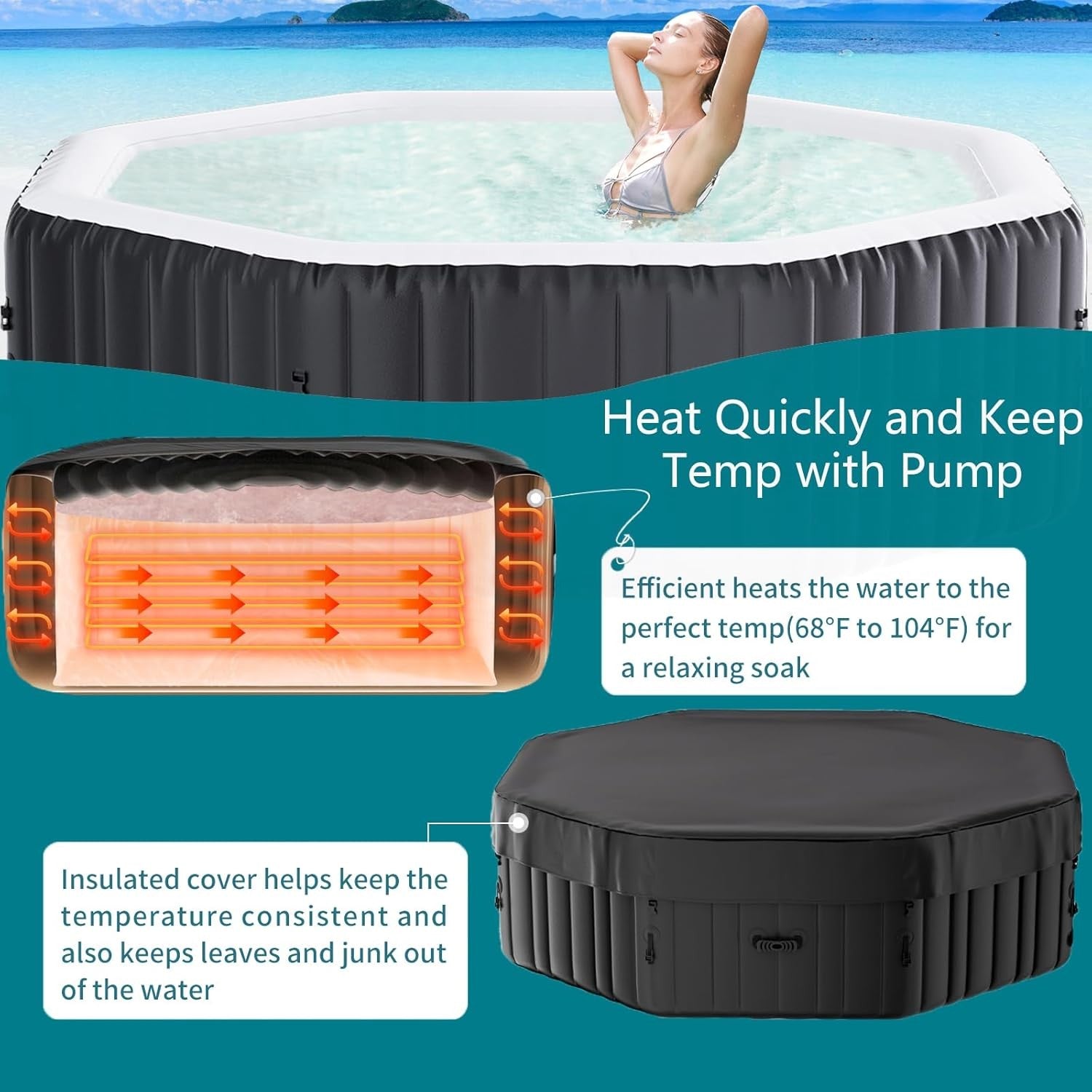 Inflatable Hot Tub Spa Heated Portable 4–6 Person Hexagon Indoor Outdoor