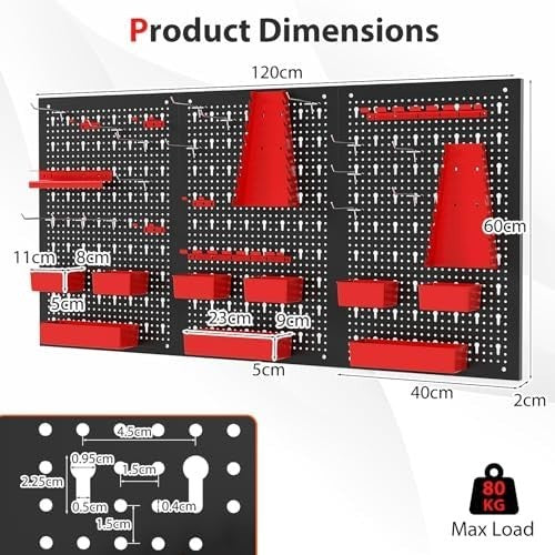 Customizable Wall-Mount Pegboard Kit 3PCS 120x60cm Alloy Steel Black+Red
