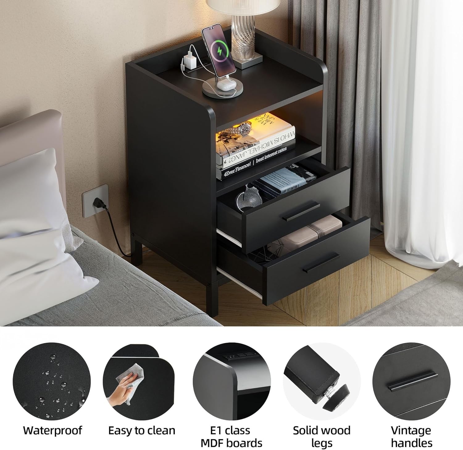 Modern LED Bedside Table with Charging Station, 2 Drawers, Storage Shelf