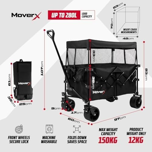 200L Folding Camping Trolley Wagon With Canopy All Terrain Wheels Black
