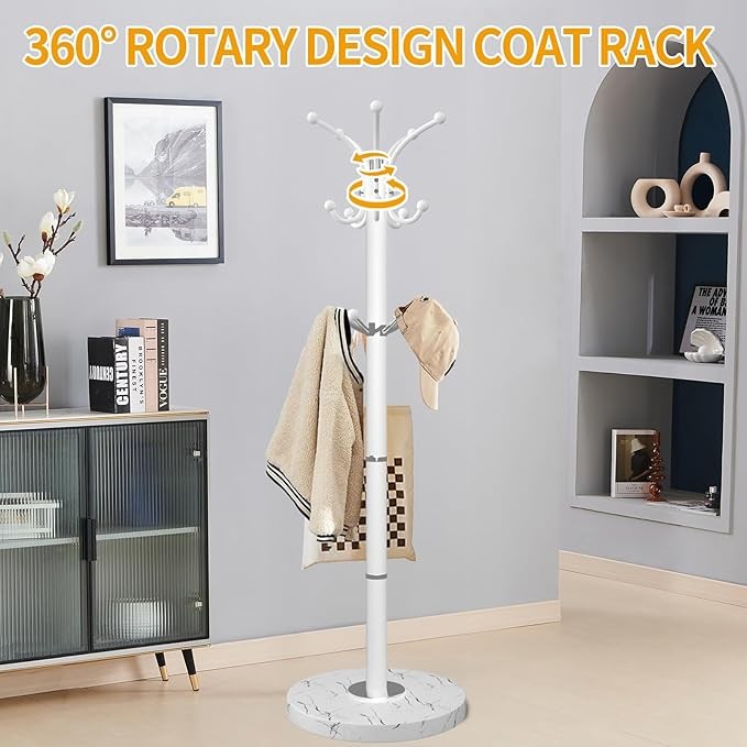 White Metal Coat Rack with Marble Base 360° Rotating Hooks Freestanding Stand