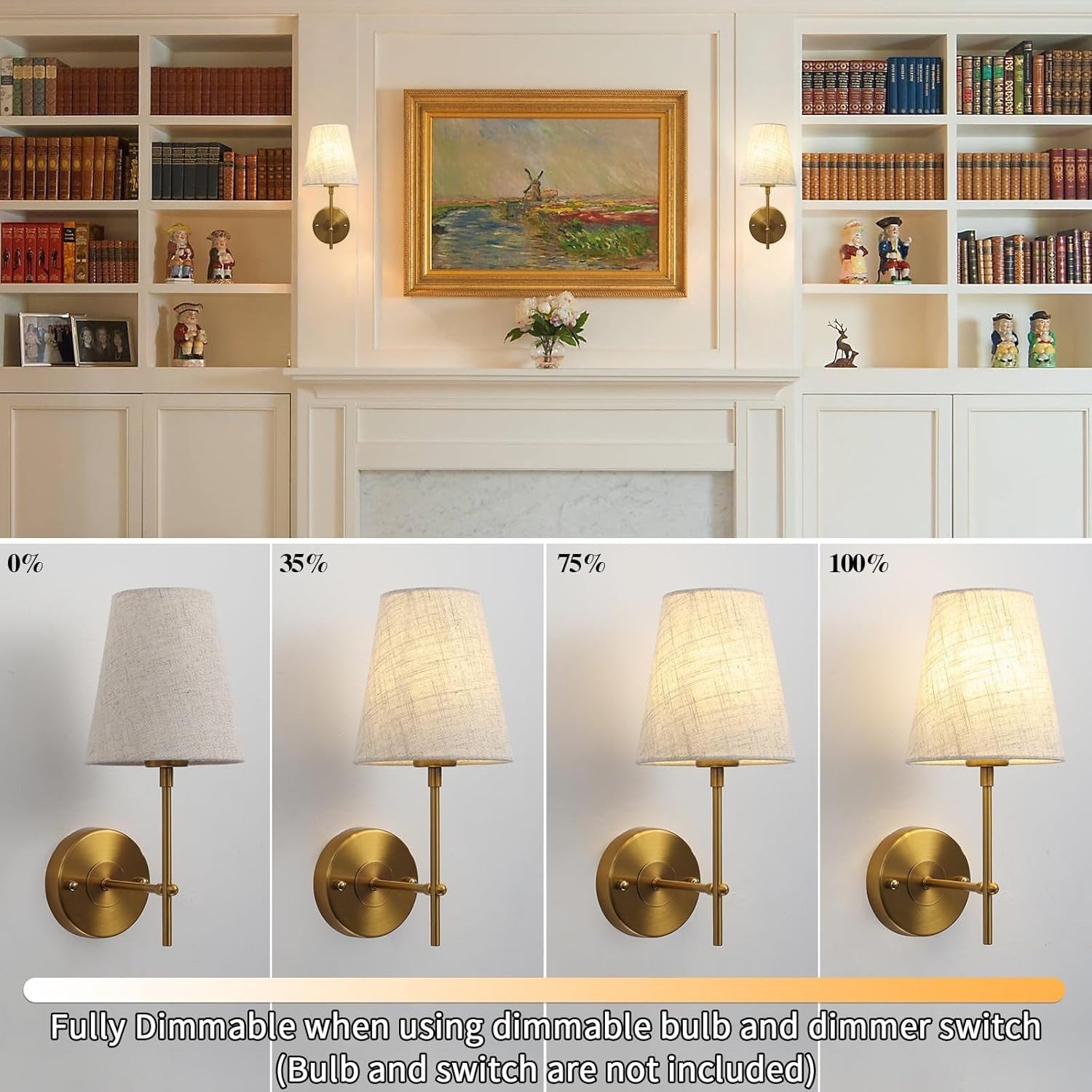Brass Wall Lamps 2-Pack with Linen Shades | Dimmable Retro Bedroom & Hallway