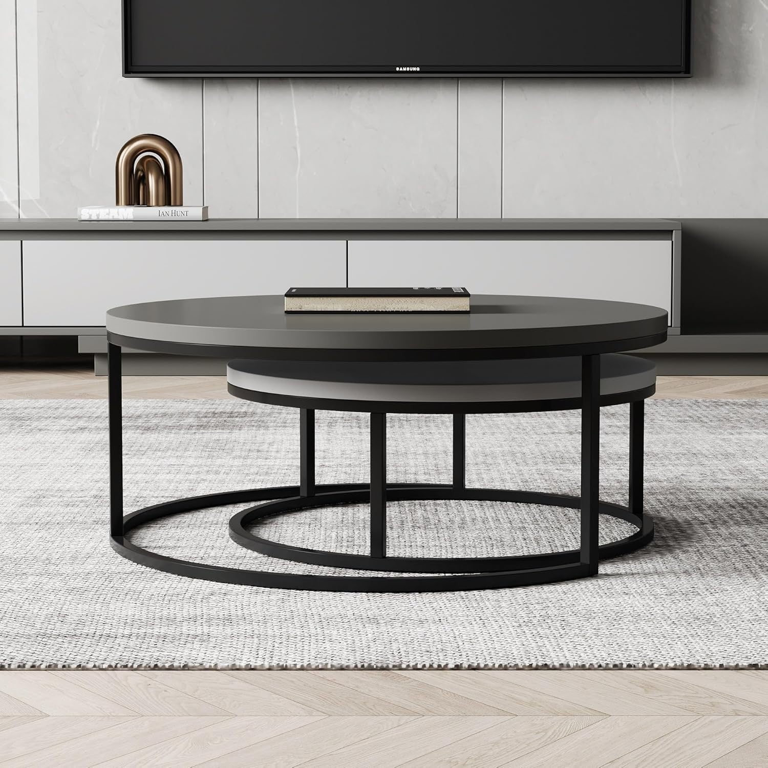 Round Nesting Coffee Table Set of 2 Dark/Light Grey Wood Top Metal Frame