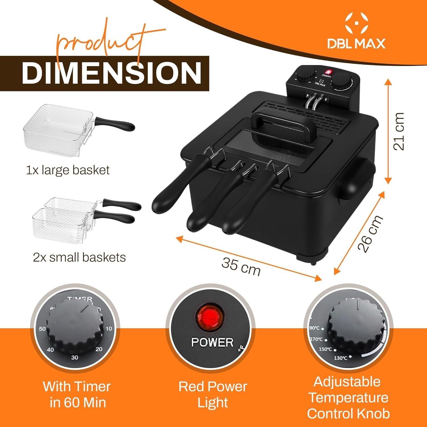 5L Double Basket Deep Fat Fryer 2000W Stainless Steel Adjustable Temp