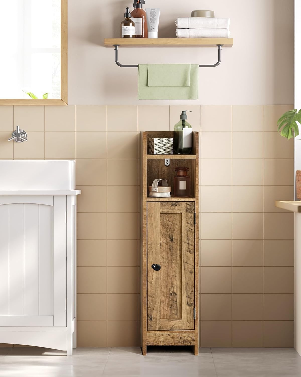 Slim Honey Brown Bathroom Storage Cabinet with Door, Adjustable Shelf & Narrow
