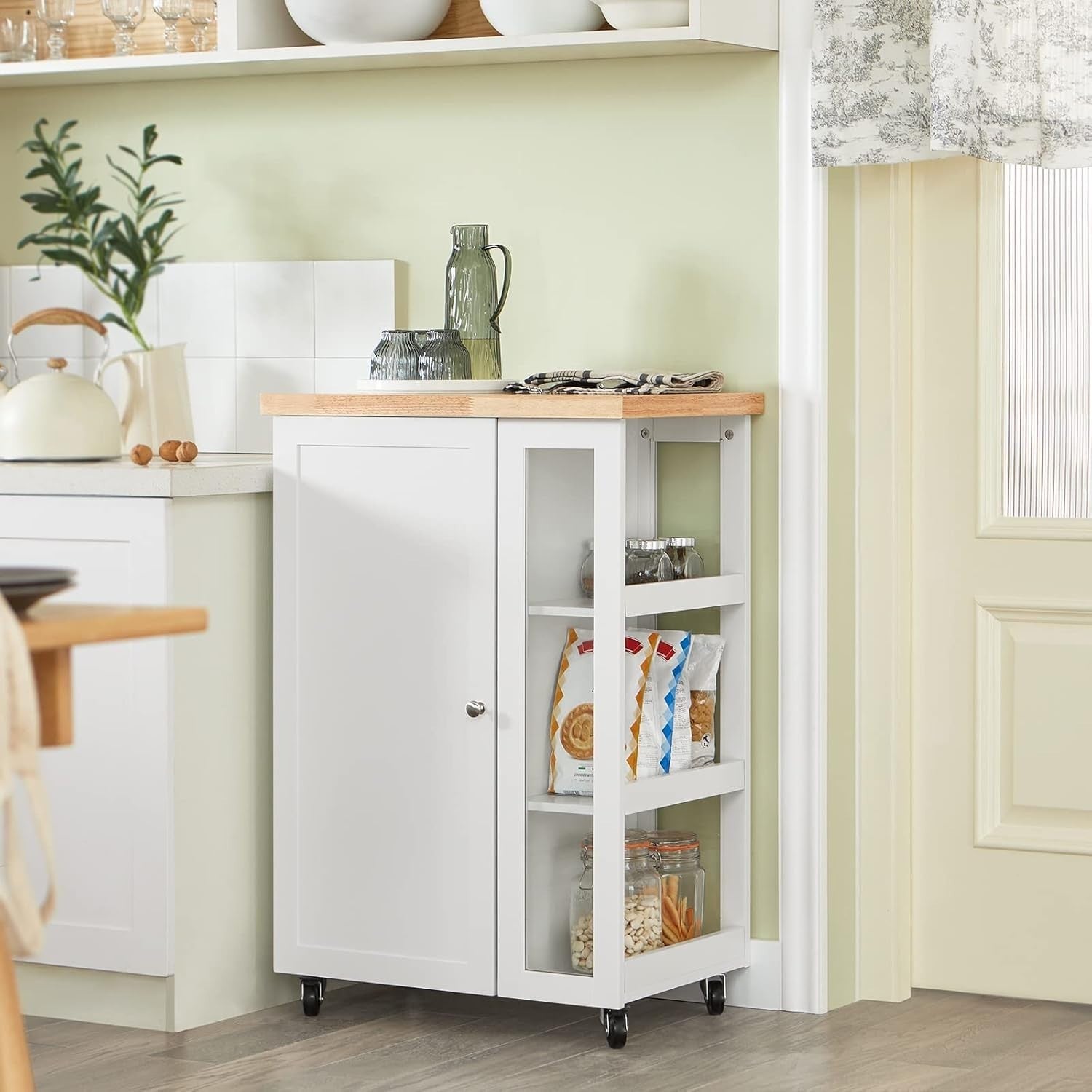 Compact Kitchen Island on Wheels Cupboard Worktop White