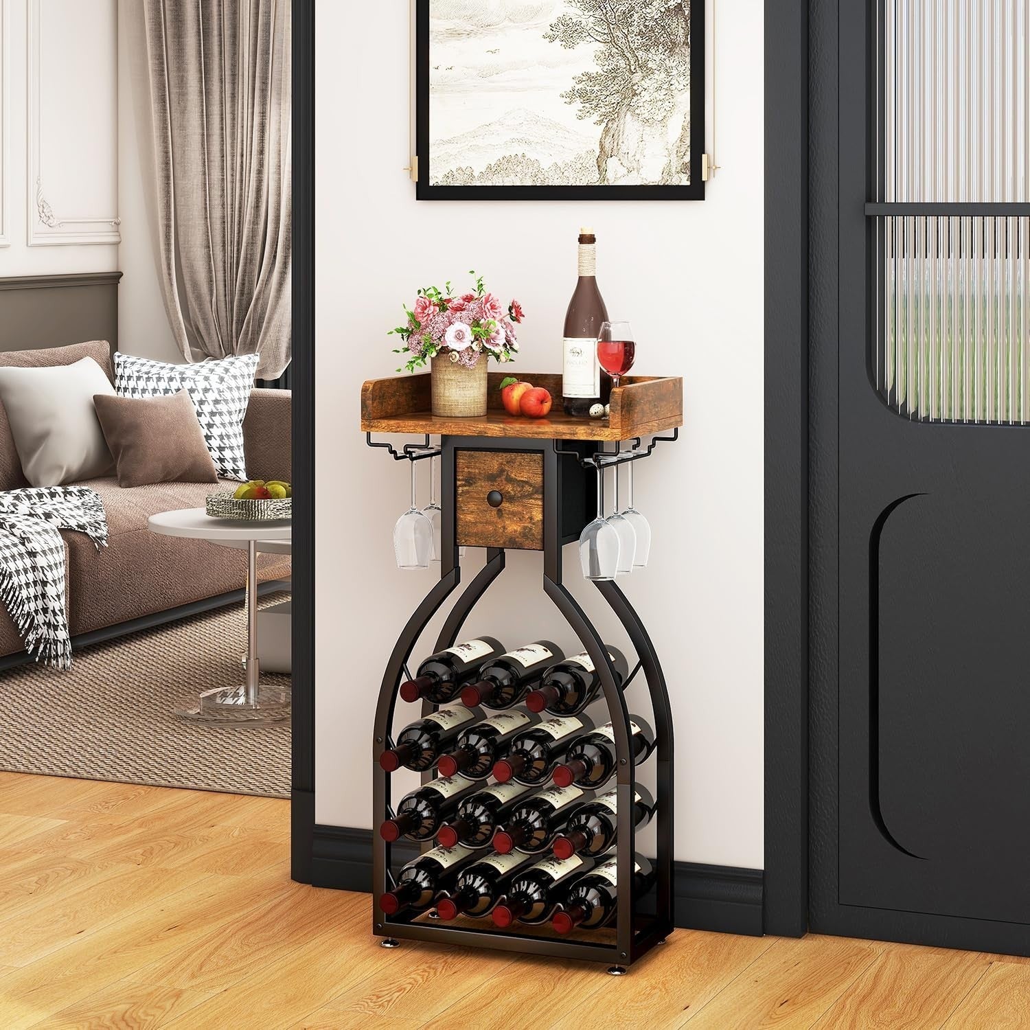 Freestanding Wine Rack Bar Cabinet 15 Bottle Storage with Glass Holder & Drawer
