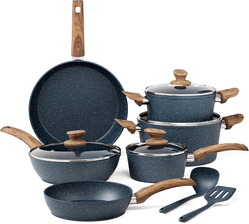 12pcs Blue Granite Non Stick Cookware Set – Pots & Pans with Lids and Utensils