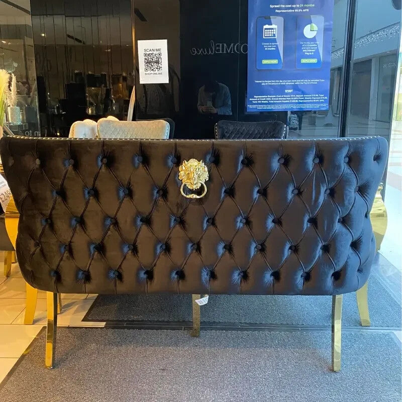 Black Velvet Dining Bench Gold Legs Lion Knocker Tufted Backrest Seat