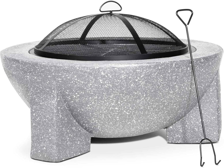 Large Outdoor Fire Pit BBQ Grill 75cm Round Concrete Finish w/ Mesh Cover