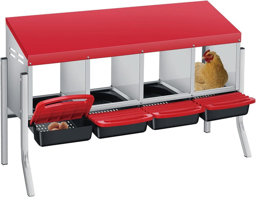 4 Chamber Galvanised Steel Chicken Nest Box Pull Out Tray Red