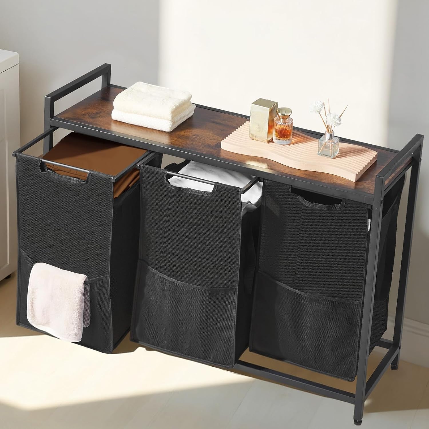 3 Section Laundry Sorter With Tabletop Metal Frame 600D Oxford Bags Black