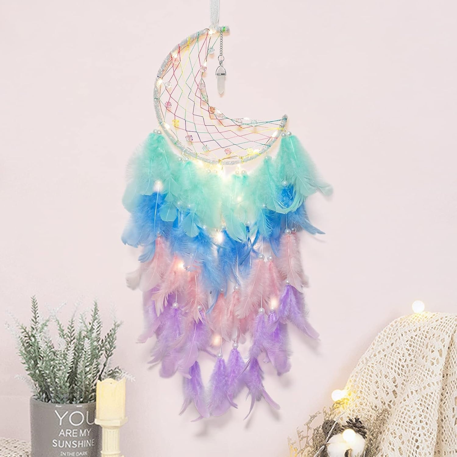 Boho Moon Dream Catcher Rainbow Feathers Fairy Lights Wall Decor