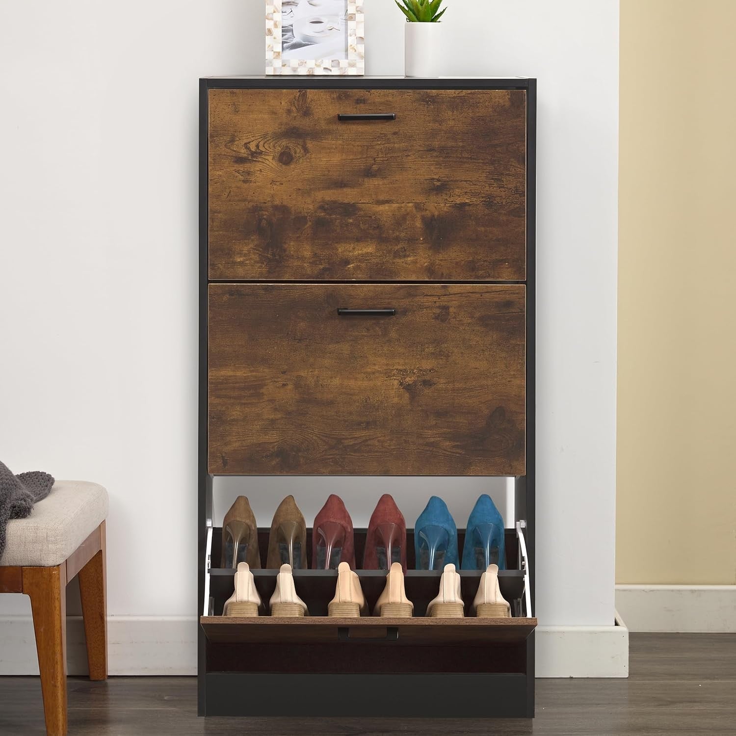 Black & Rustic 3 Drawer Shoe Cabinet with Top Shelf, Modern Hallway Unit