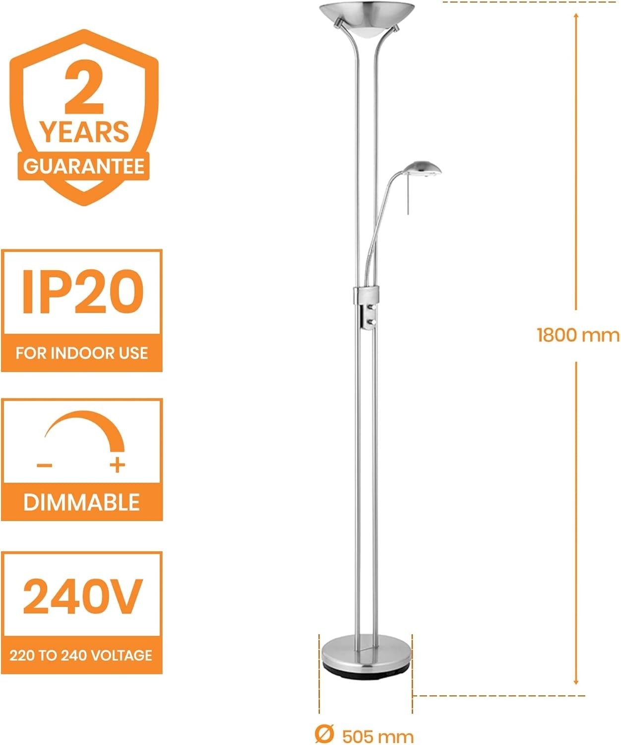 Satin Chrome Floor Lamp with Reading Light – 180cm Tall Dimmable Uplighter
